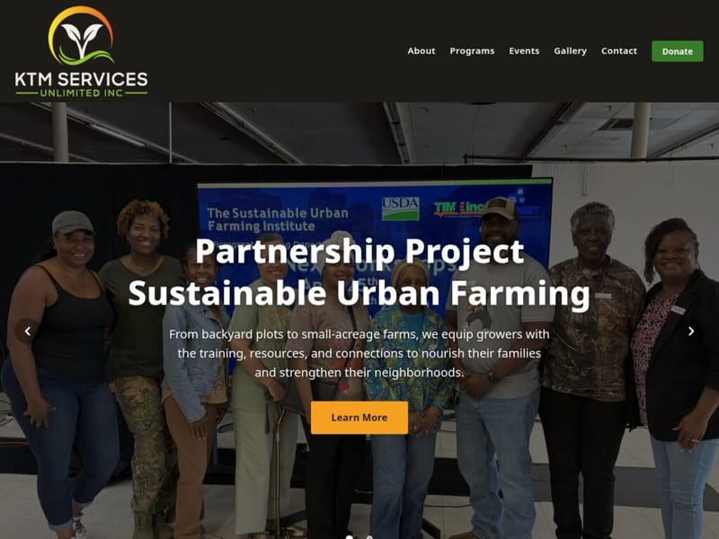 KTM Services Unlimited homepage: a group of growers and staff standing in front of a Sustainable Urban Farming Institute screen, under the headline Partnership Project, Sustainable Urban Farming